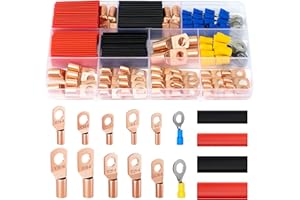 Sanuke 130pcs Copper Wire Lugs, Battery Lugs Awg 2 4 6 8 10 12 14 16 Copper Lugs Assortment Ring Terminals Connectors Wire Connectors Terminals, 70pcs Battery Cable Ends with 60pcs Heat Shrink