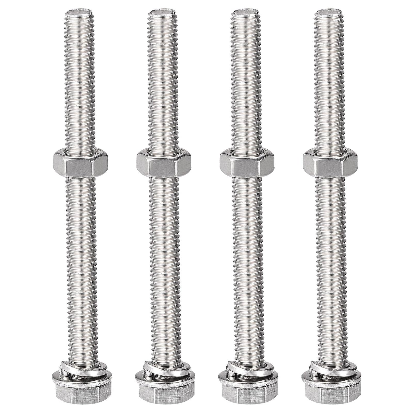 TOP-VIGOR 4Pcs M8 x 90mm Hex Head Screws Bolts, Nuts, Flat & Lock Washers Kits, 304 Stainless Steel Fully Thread Hexagon Bolts for DIY Bike Motorcycles Repair