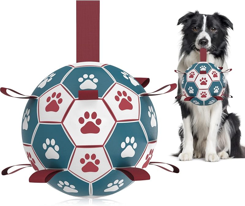 HETOO Dog Soccer Ball Interactive Tug of War Water Toy 6 Inch Blue Red
