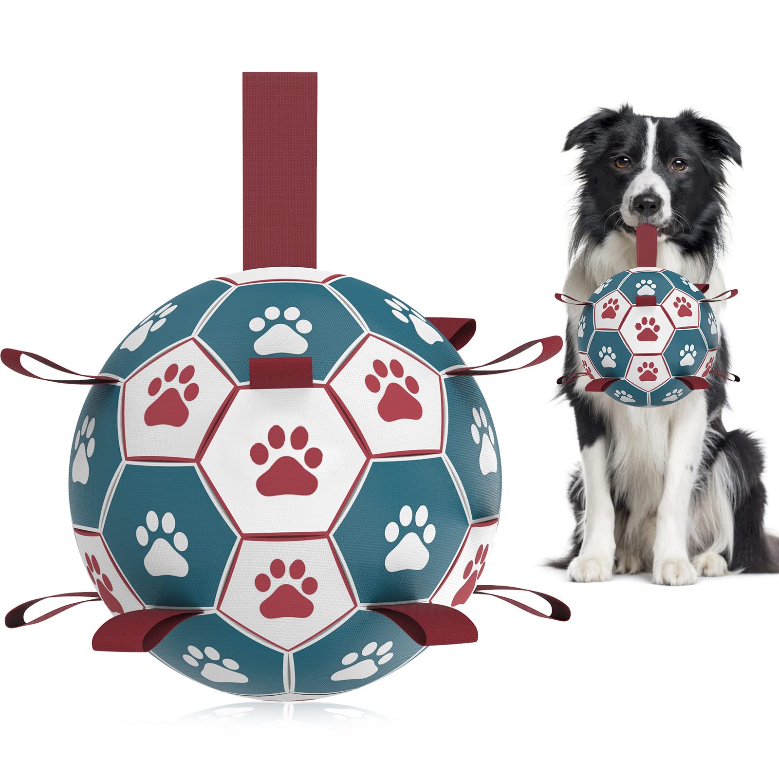 HETOO Dog Soccer Ball, Interactive Dog Toys for Tug of War, Water Toy, Durable Balls for Small & Medium Blue Red (6 inch)