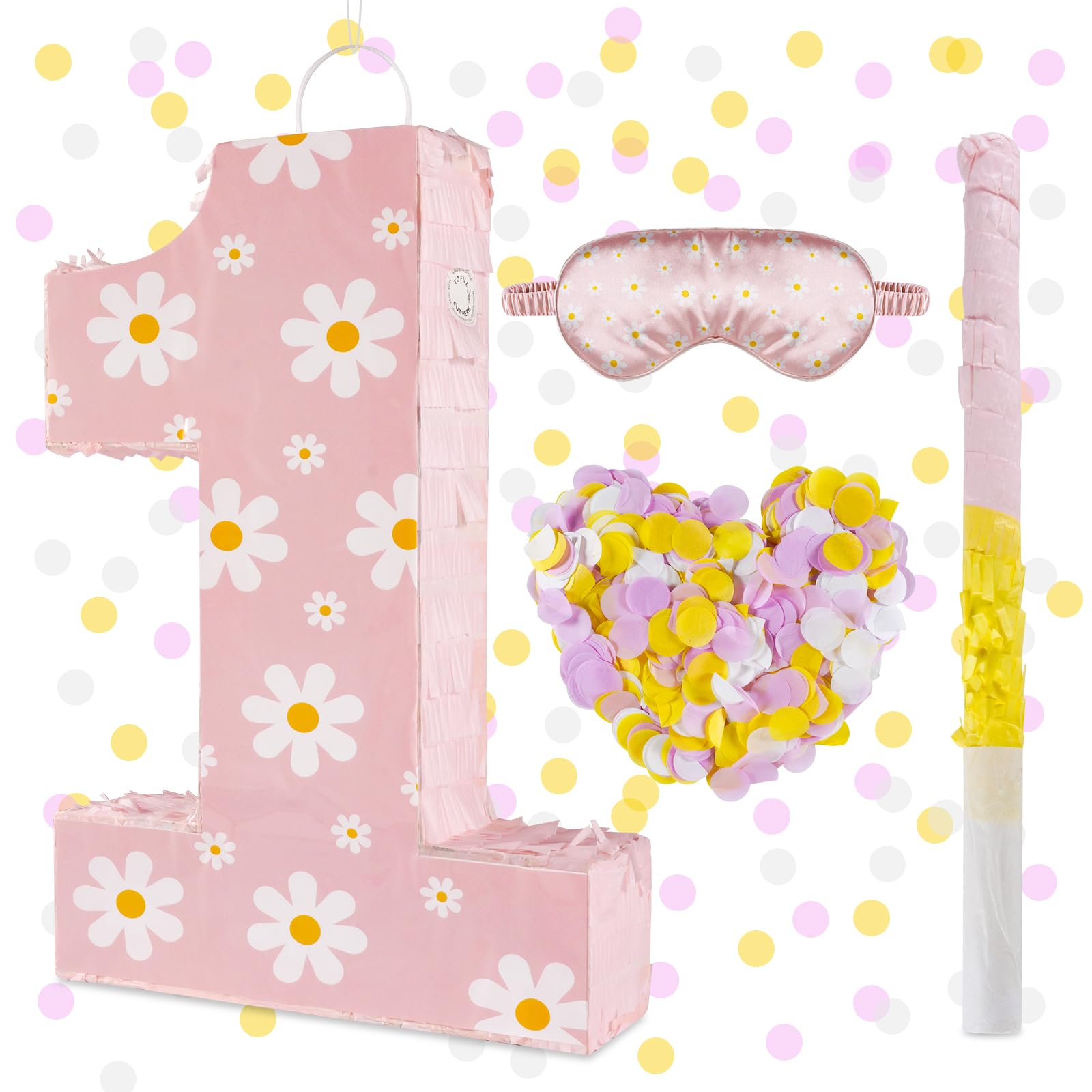 Photo 1 of Daisy Birthday Decorations, Daisy Number 1 Piñata with Blindfold Stick Blindfold Confetti for Pink Flower Boho Birthday Party Supplies (Daisy 1)