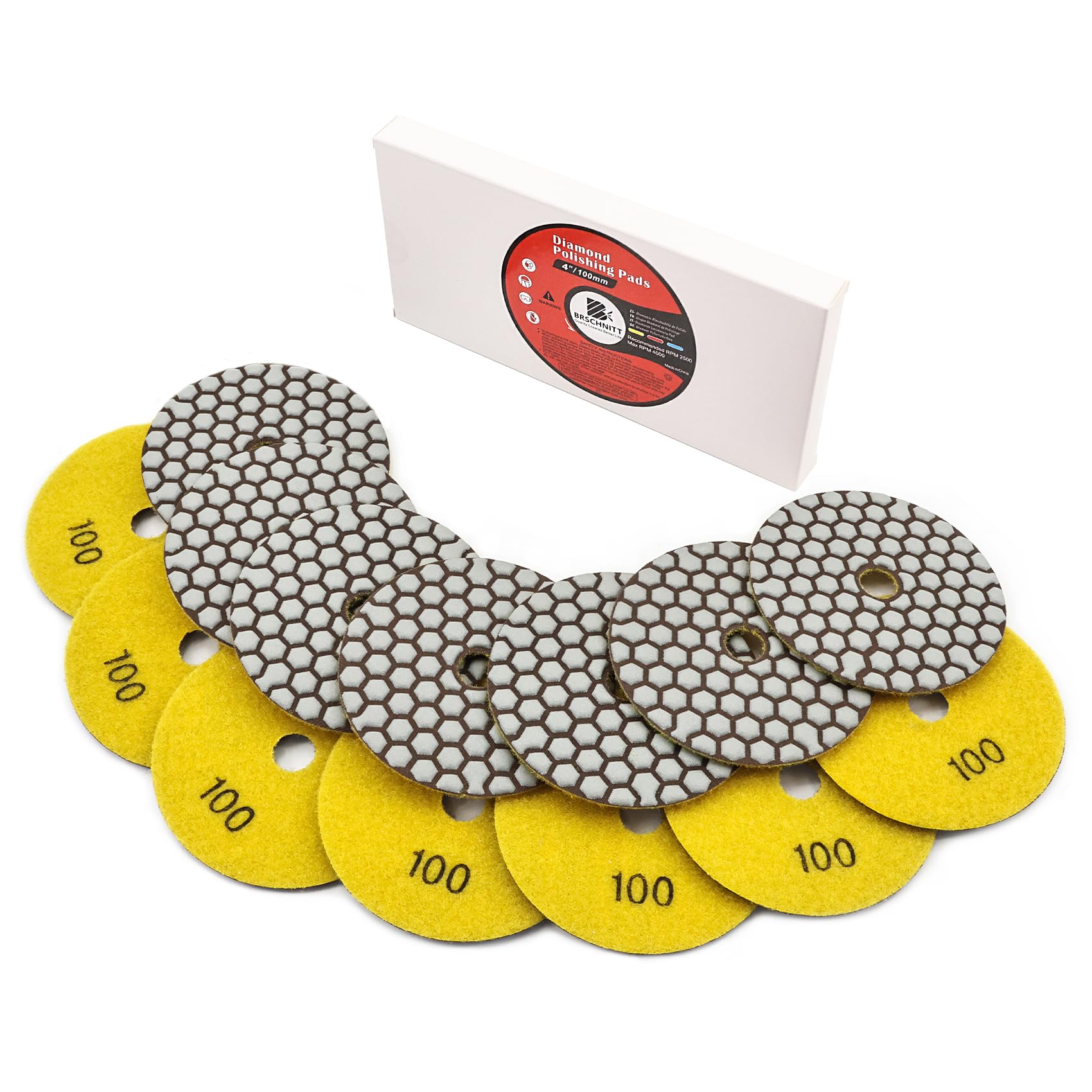 Dry Diamond Polishing Pad Set BRSCHNIT 7pcs 100mm #100 for Stone Marble Quartz Granite Sanding Disc Countertop Polish Polisher Pads Kit Tools used on Grinder or Polisher