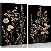 2Psc Dark Botanical Wall Art Vintage Black Flower Painting Picture Wall Decor Moody Flower Poster Print Artwork for Living Room Bedroom or Office Home Decoration 12x16 Inch
