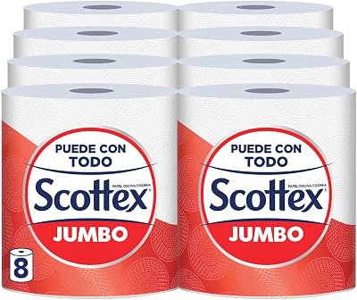 Jumbo Papel de cocina 8 rollos, eficacia multiusos con envase reciclable y fibras FSC