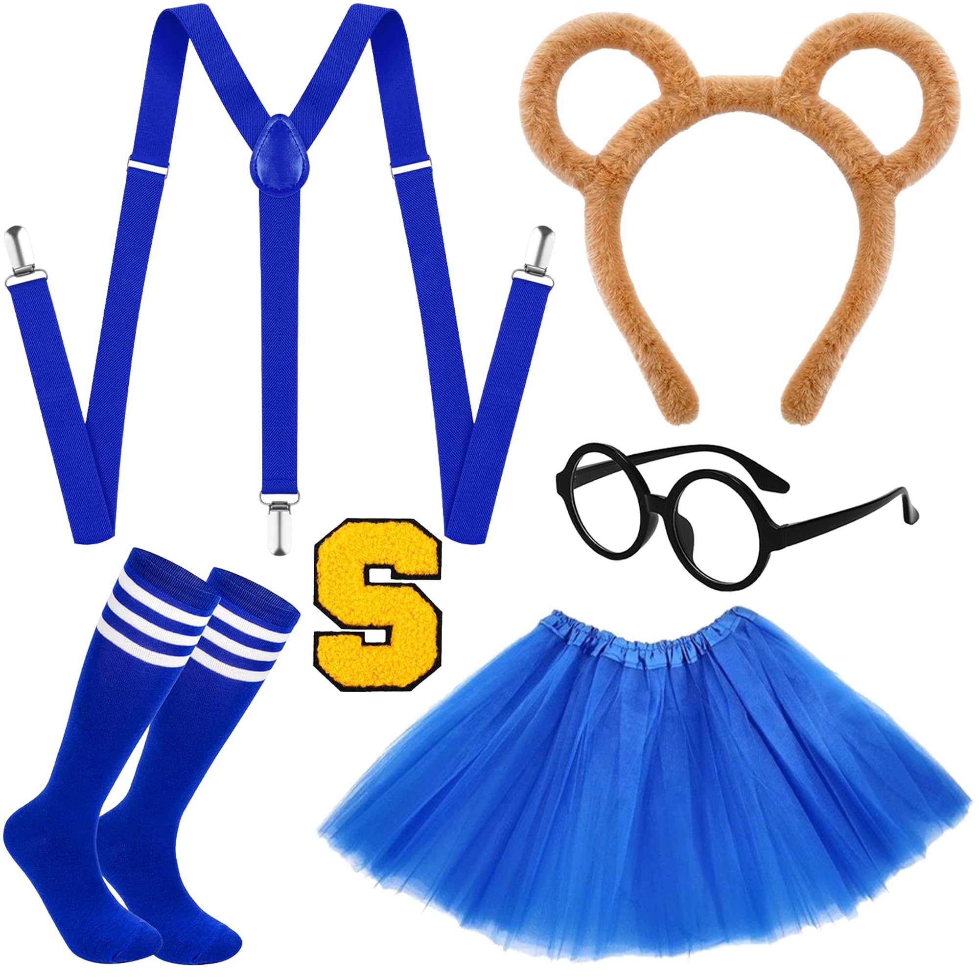 MOSNOW Chipmunk Costume Set for Women Adults, 6PCS Complete Cosplay Outfit with Headband, Glasses, Suspenders, Letter Patch, Skirt, Stockings - Premium Quality, Party Roleplay, Stage Performance — image 1