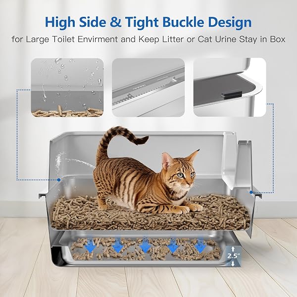 23.6X16X14” SIFTING LITTER BOX WITH DRAWERS, STAINLESS STEEL DRAWER LITTER BOX WITH 6” LID & METAL SCOOP, XL CAT LITTER TRAY, ODOR-CONTROL & SAVES CLEAN TIME, FITS MOST CATS