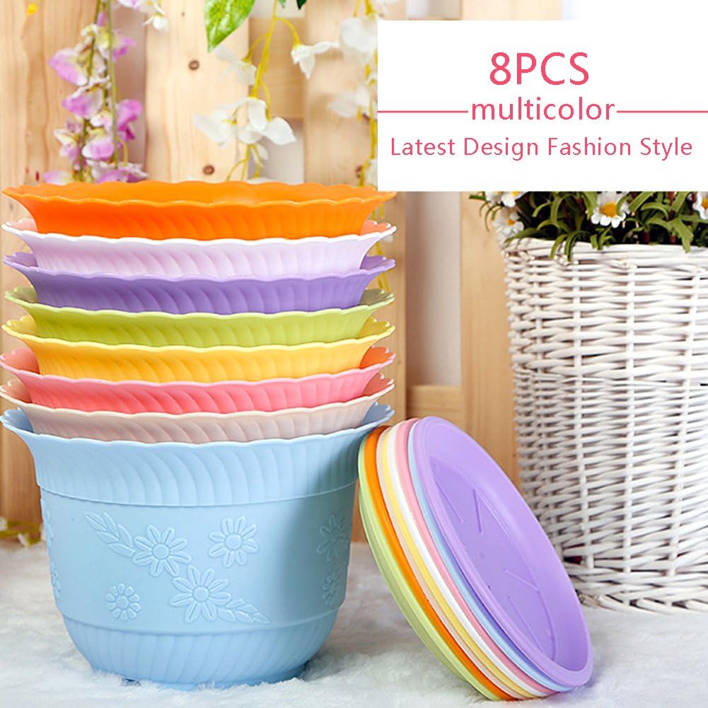 RD Lane Set of 8 Multicolored Lotus Shaped Resin Plastic Plant Flower Pot With Saucer Pallet for Indoor and Outdoor Decoration