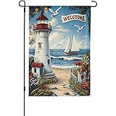 Lighthouse With Beach Garden Flag 12x18 Inch Double Sided All-Weather Polyester Outdoor Flag For Patio Lawn Yard And Garden Welcome Decor