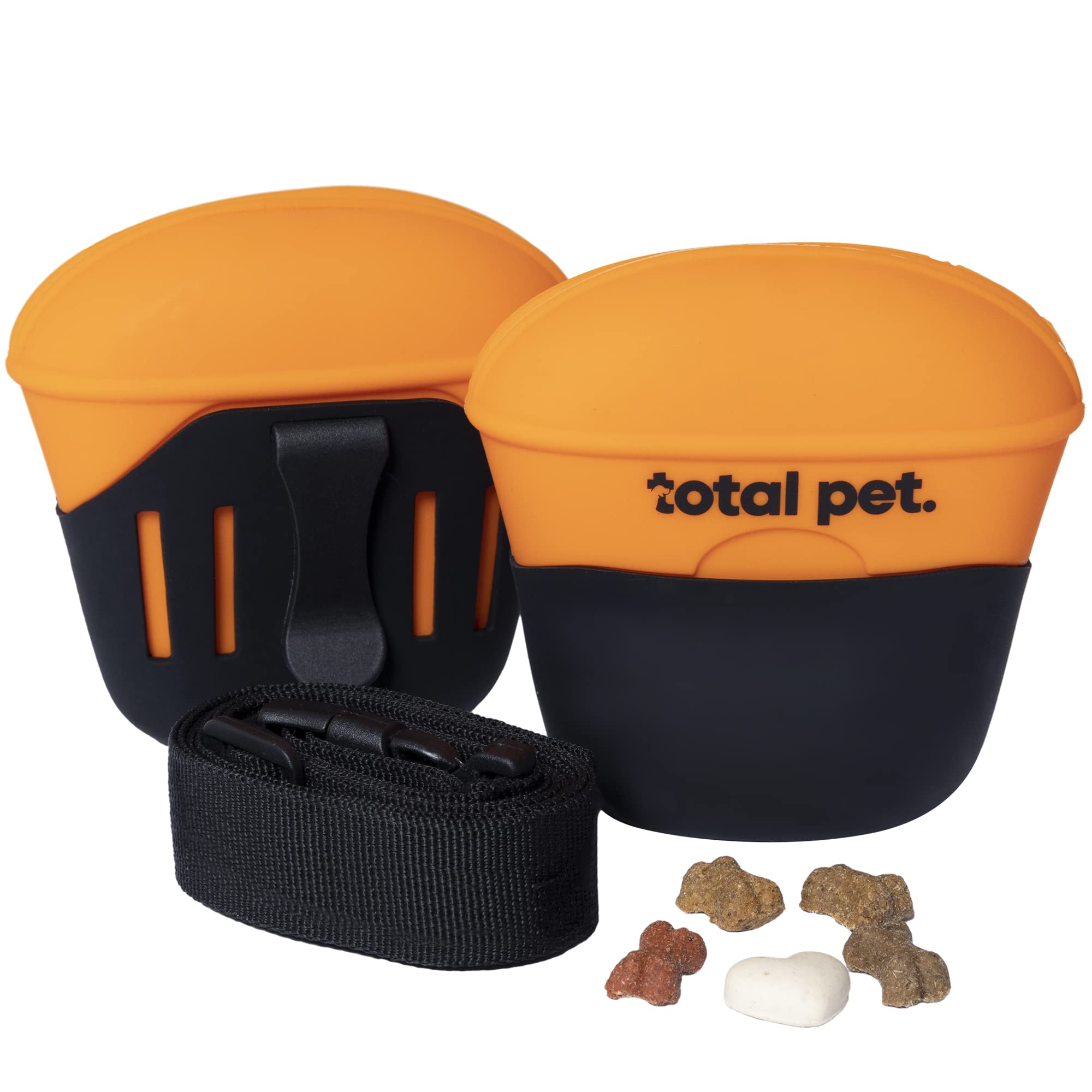 Total Pet Dog Treat Pouch Bag for Puppy & Dog Training/Walking - Silicone with Belt & Clip, Magnetic Closure, Orange & Black