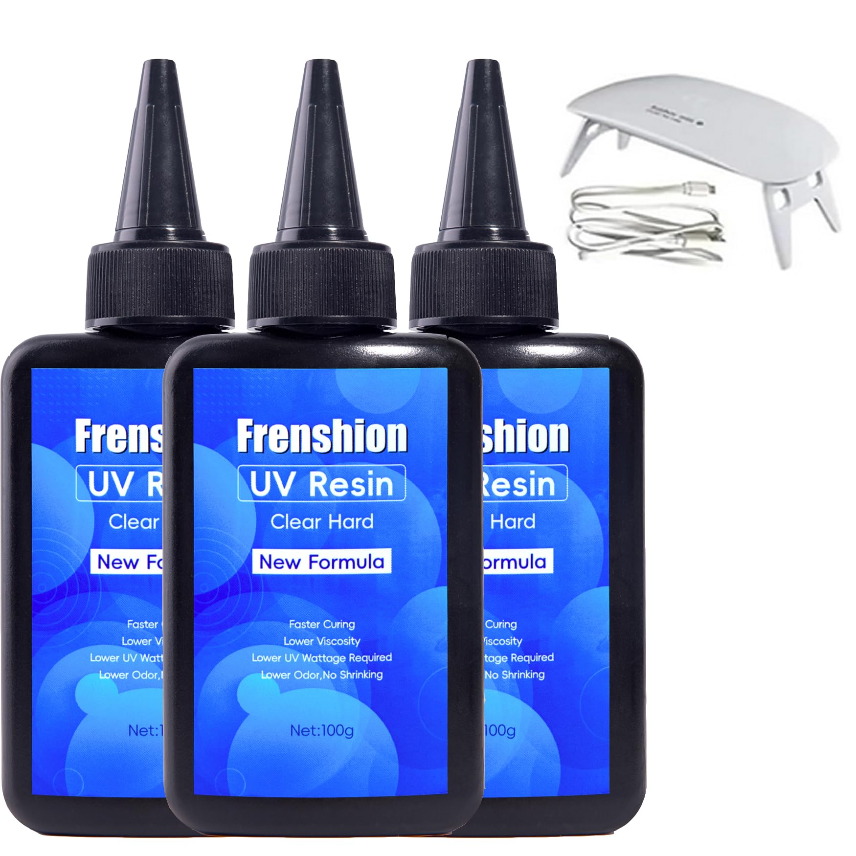 Mini Lamp+3x100G UV Resin,Upgrade Formula Crystal Clear UV Resin Solar Cure Sunlight Activated Hard UV Resin Kit for Jewelry Earrings Necklace Bracelet Making, Casting& Coating and DIY Craft