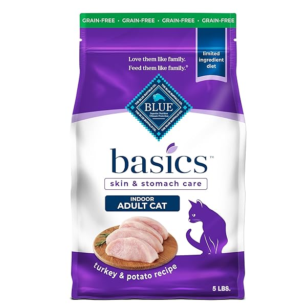 BLUE BUFFALO BASICS GRAIN-FREE DRY CAT FOOD, SKIN & STOMACH CARE, LIMITED INGREDIENT DIET FOR INDOOR CATS, TURKEY & POTATO RECIPE, 5-LB. BAG