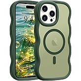 Pepmune for iPhone 15 Pro Case, Curly Wavy Frame Hard Translucent Matte Clear Back Cover for Women Men Compatible with Magsafe TPU Bumper Shockproof Drop Protection Phone Case for iPhone 15 Pro, Green