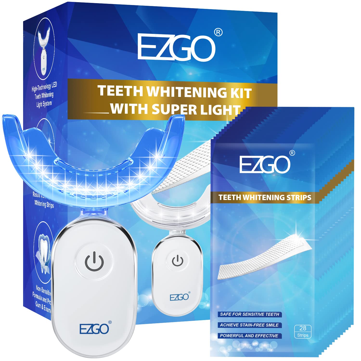 EZGO Teeth Whitening Kit with LED Light, Non-Sensitive Teeth Whitener with 1 Month Teeth Whitening Strip, 28LED Teeth Whitening Light, Help to Remove Teeth Stains from Coffee, Tea and Wine (28Count)
