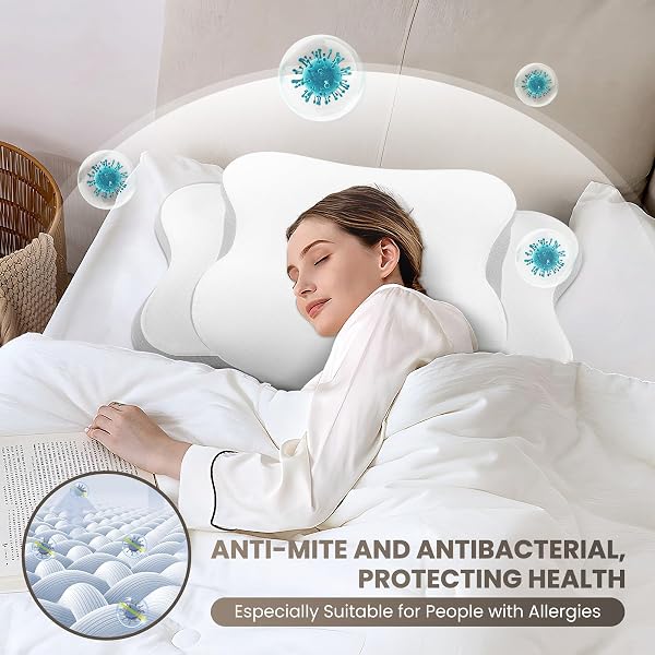 JINXIA CERVICAL NECK PILLOW FOR SLEEPING, ODORLESS MEMORY FOAM PILLOWS & SOFT SILK COVER, ERGONOMIC ORTHOPEDIC PILLOW FOR SIDE BACK STOMACH SLEEPERS, NECK AND SHOULDER PAIN RELIEF, WHITE AND GRAY