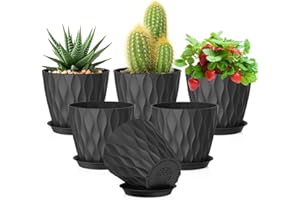 Meowell 5 inch Plant Pots for Indoor Outdoor Plants, 6 Pack Thick Nursery Pots with Drainage Holes and Saucers, 3D Modern Wave Texture Small Plastic Planter Flower Pots for Succulent, Herb, Black
