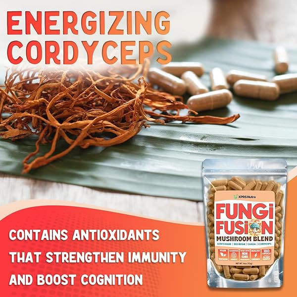 XPRS NUTRA FUNGI FUSION MUSHROOM BLEND CAPSULES – 180 COUNT (90 DAY SUPPLY) PREMIUM BLEND OF LION’S MANE, REISHI, CHAGA, CORDYCEPS CAPSULES TO SUPPORT MENTAL CLARITY, COGNITION, ENERGY AND IMMUNITY