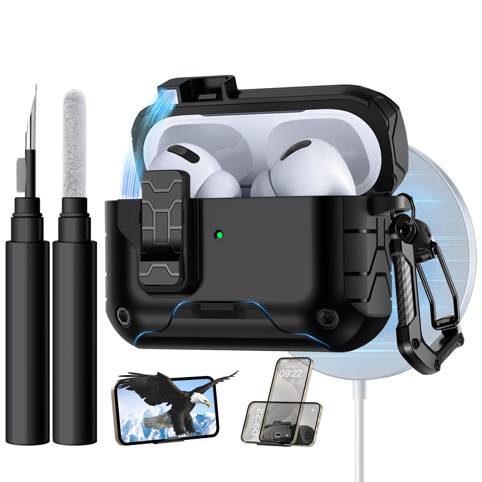 Photo 1 of ***MISSING PARTS*** Lerobo for AirPods Pro 2 Case,Compatible with Apple Airpod Pro Case 2nd / 1st Generation with Phone Stand, Magnetic Lock & Cleaner Kit - Shockproof Hard Protective Cover Compatible with MagSafe,Black