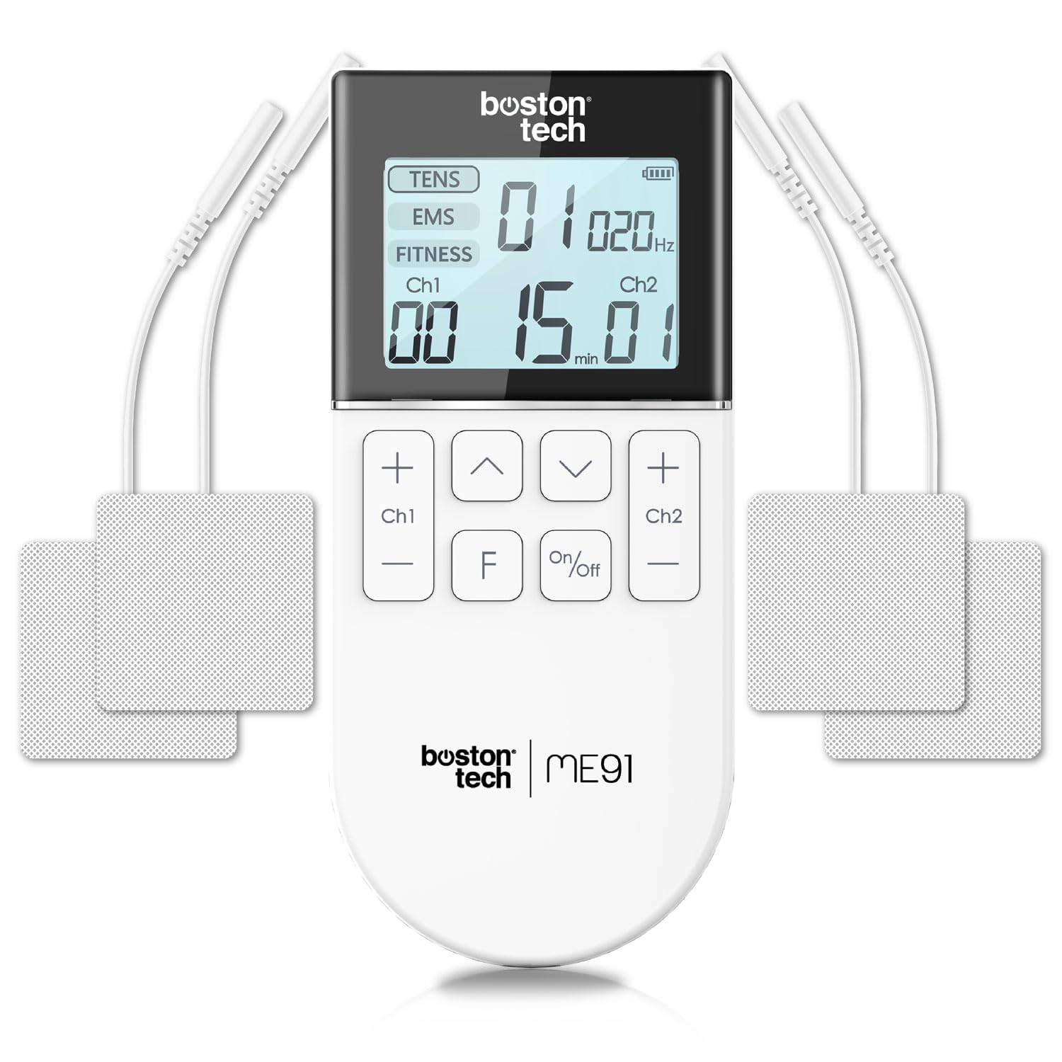 Boston Tech Muscle Electrostimulator, Digital TENS/EMS/FITNESS Electrostimulator 3 in 1. 50 modes. 4 electrodes + 16 as a gift, total 20. 16 levels of intensity for pain relief. ME91