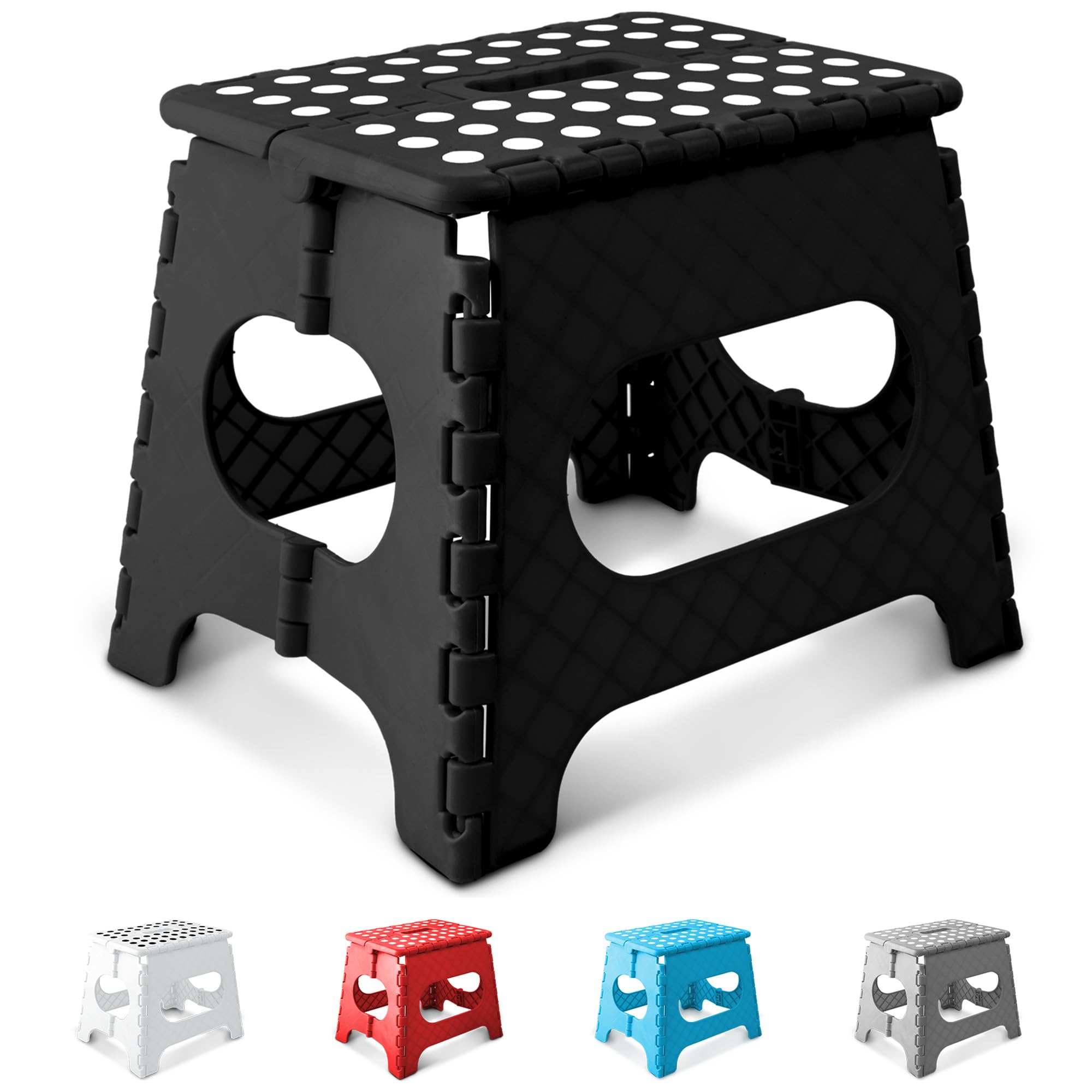 KEPLIN 11 Inch Heavy Duty Folding Step Stool | Non-Slip Foldable Footstool for Toddlers, Children & Adults | Portable, Lightweight Plastic Footstep w/Carrying Handle for Indoor or Outdoor (Black)