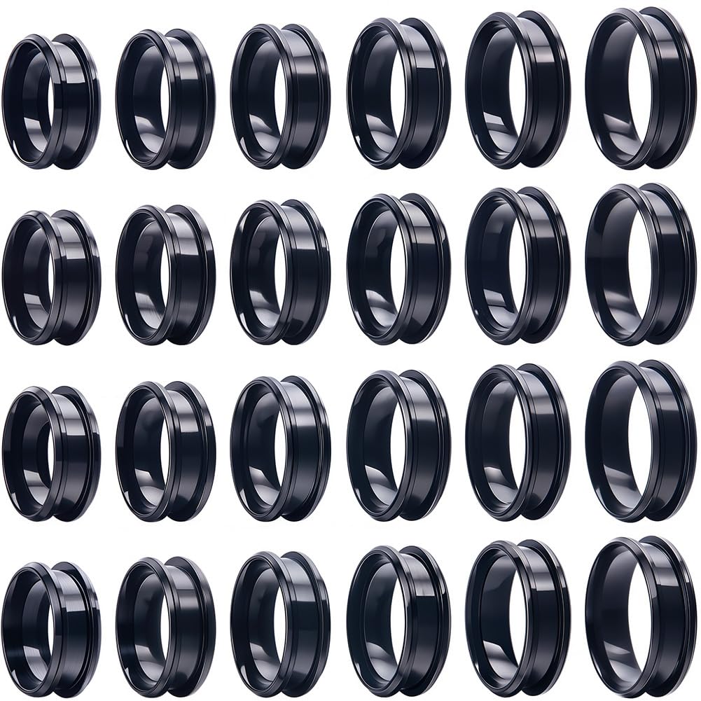 SUNNYCLUE 1 Box 24Pcs Stainless Steel Black Finger Ring Blank Core Ring Inlay Round Grooved Blank US Size 7/8/9/10/11/12 Empty for Jewellery Making Kits Men Women DIY Craft Supplies