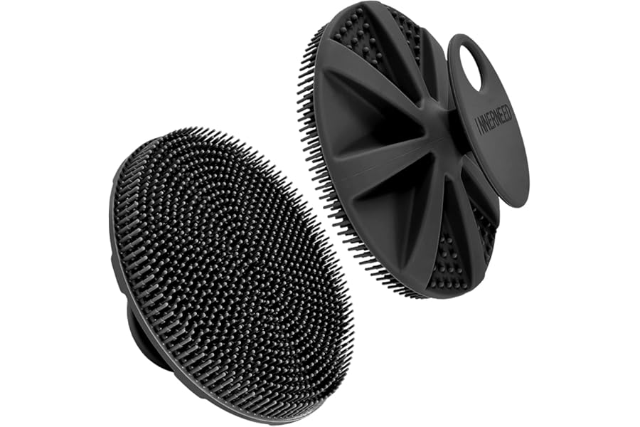 INNERNEED Food-Grade Soft Silicone Body Scrubber Shower Brush Handheld Cleansing Skin Brush, Gentle Exfoliating and Lather Well (Black)