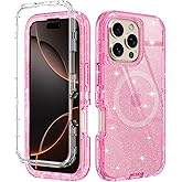 I-HONVA for iPhone 16 Pro Max Case Clear [Non Yellowing] [Compatible with MagSafe] Shockproof 3-Layer Full Body Protection Rugged Heavy Duty Cover Case for Apple iPhone 16 Pro Max,Clear Pink Glitter