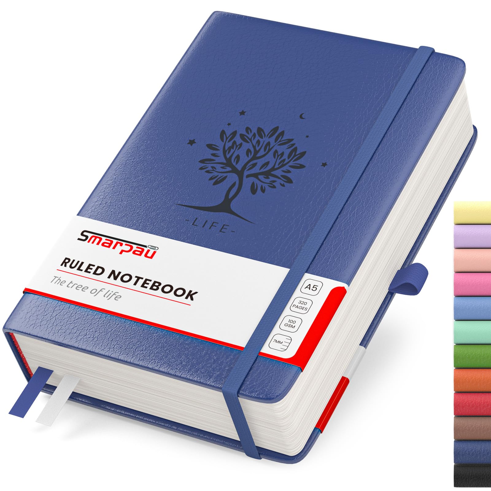 Smarpau Thick A5 Lined Notebook, 320 Pages Ruled Notebooks Thick Journal 100gsm No Bleed Paper, Leather Hardcover Journals Notebook for Women Men Work School Office, 14.5 x 21cm - Blue