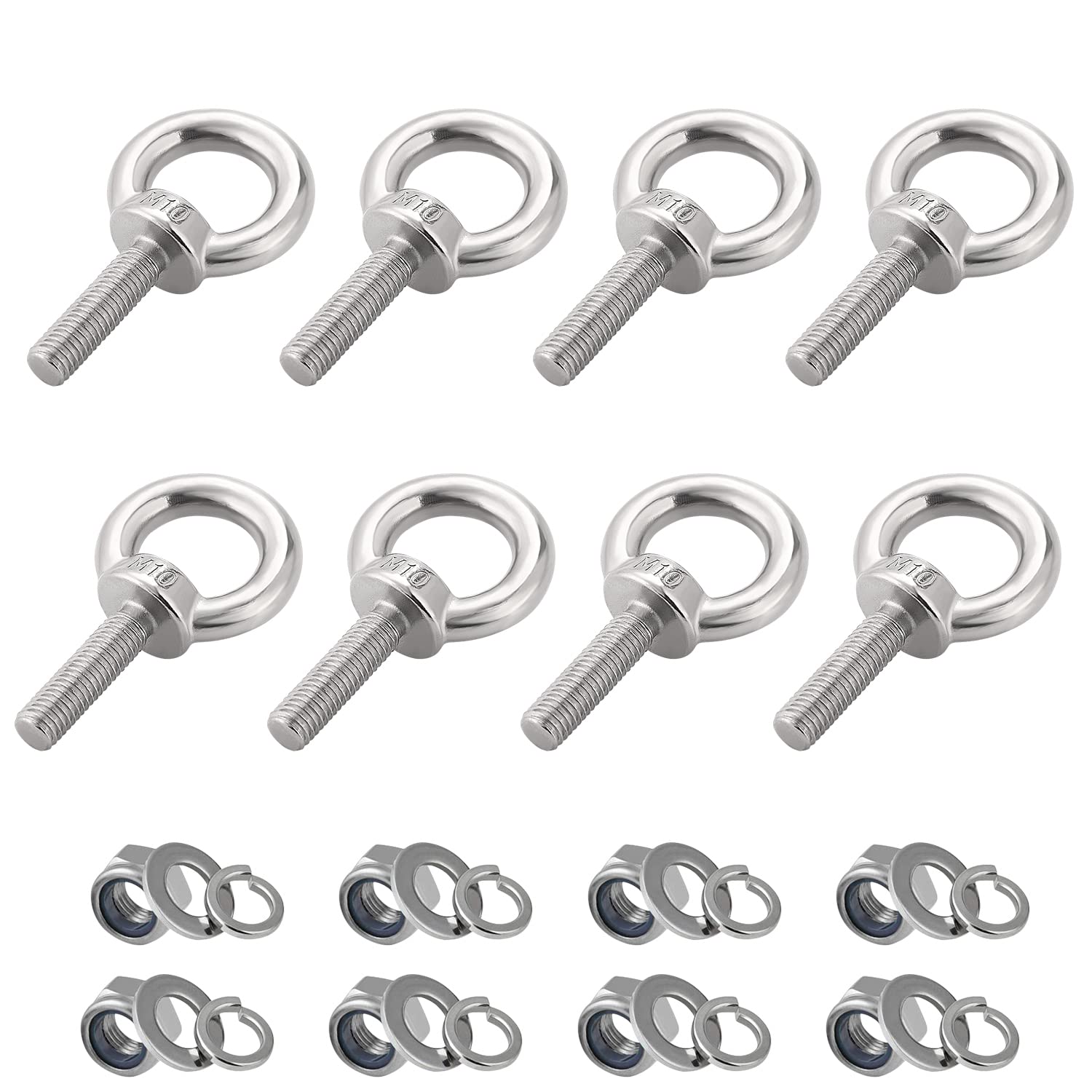 hannger Eye Bolts with Nuts, M10 8Pcs EyeBolts 304 Stainless Steel Machinery Shoulder Lifting Ring Eye Bolt Heavy Duty Screws Bolt with Lock Nuts & Lock Washers, Flat Washers - Thread Length 35mm