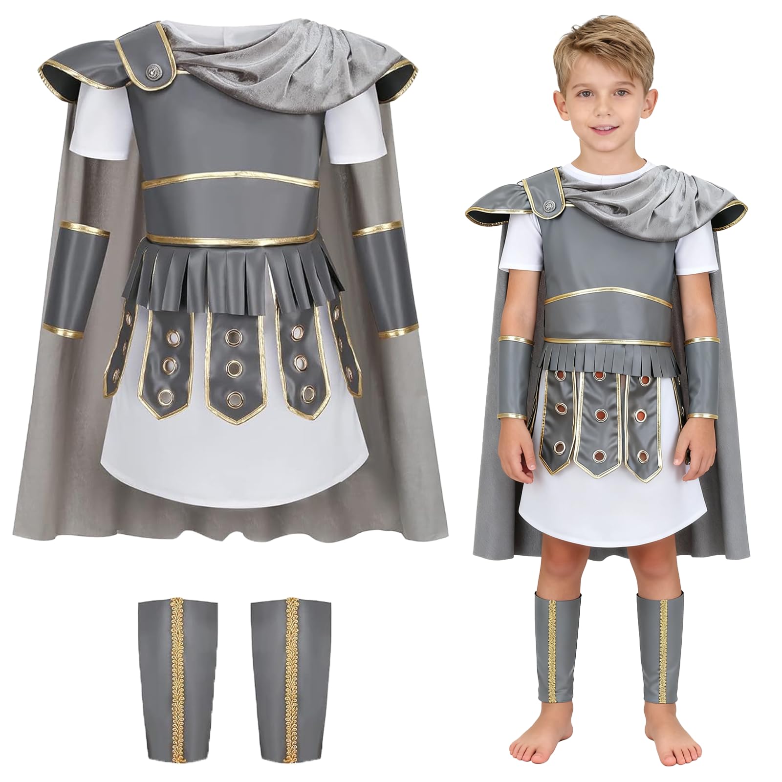 maxToonrain Gladiator Costume for Kids Centurion Roman Soldier Outfit Viking Medieval Greek Historical Theme Role Playing Party - Includes Tunic, Armour, Cape, Arm and Leg Guards (Grey, 8-9 Year) — image 1