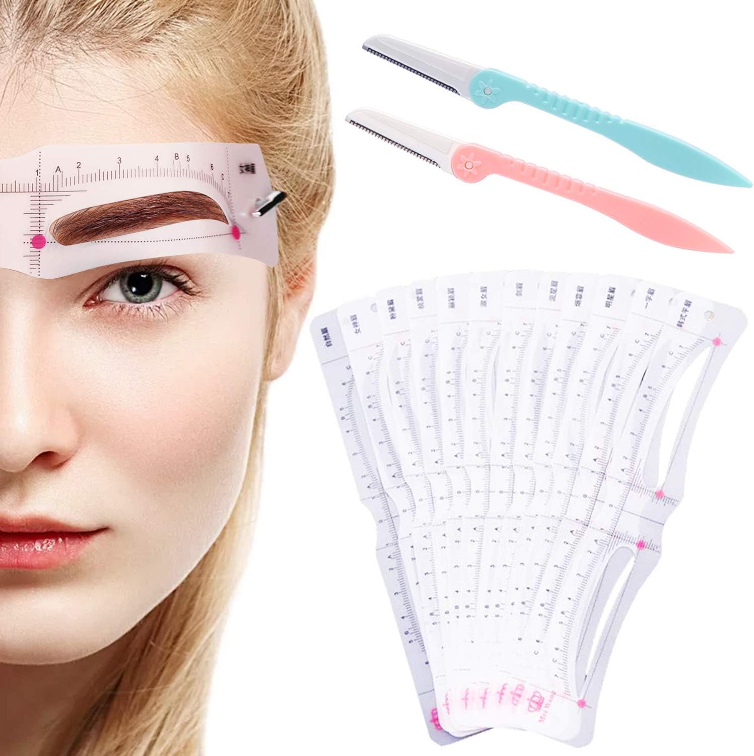 Eyebrow Stencil, 12 Pcs Microblading Kit Supplies Reusable Eyebrow Stamp, Washable Eyebrow Mold Unique Style Eyebrow Grooming Makeup DIY Tools with 2 Eyebrow Razors