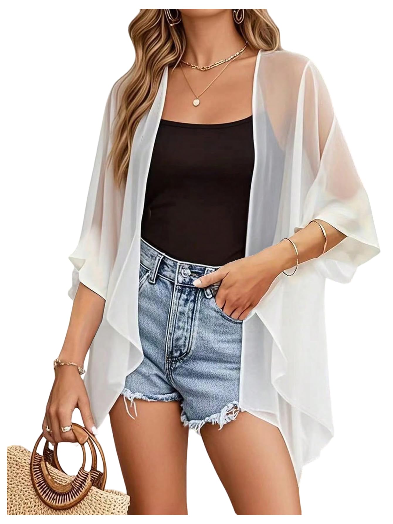 Photo 1 of SweatyRocks Women's Sheer Mesh Kimono Cardigan 3/4 Sleeve Open Front Lightweight Cover Up White Medium