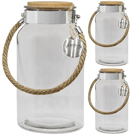 Dekovita Vorratsglas 3er Set 5l H:30/D:16/Ö:10,6cm Korkdeckel Kordel Gartenlaterne Glasbehälter Dekoglas Windlicht Vase