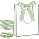 Silkfly Paper Gift Bags with Handle 9x7x3.15'' Thank You Gift Bags with Bow Ribbon for Graduation Appreciation Holiday Wedding Bridal Baby Shower Birthday Party(White, Sage Green,12 Pcs)