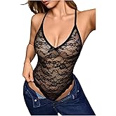 SOLY HUX Women's Floral Lace Backless Bodysuit Bow Deep V Neck Sheer Leotard Tops Date Night Outfit