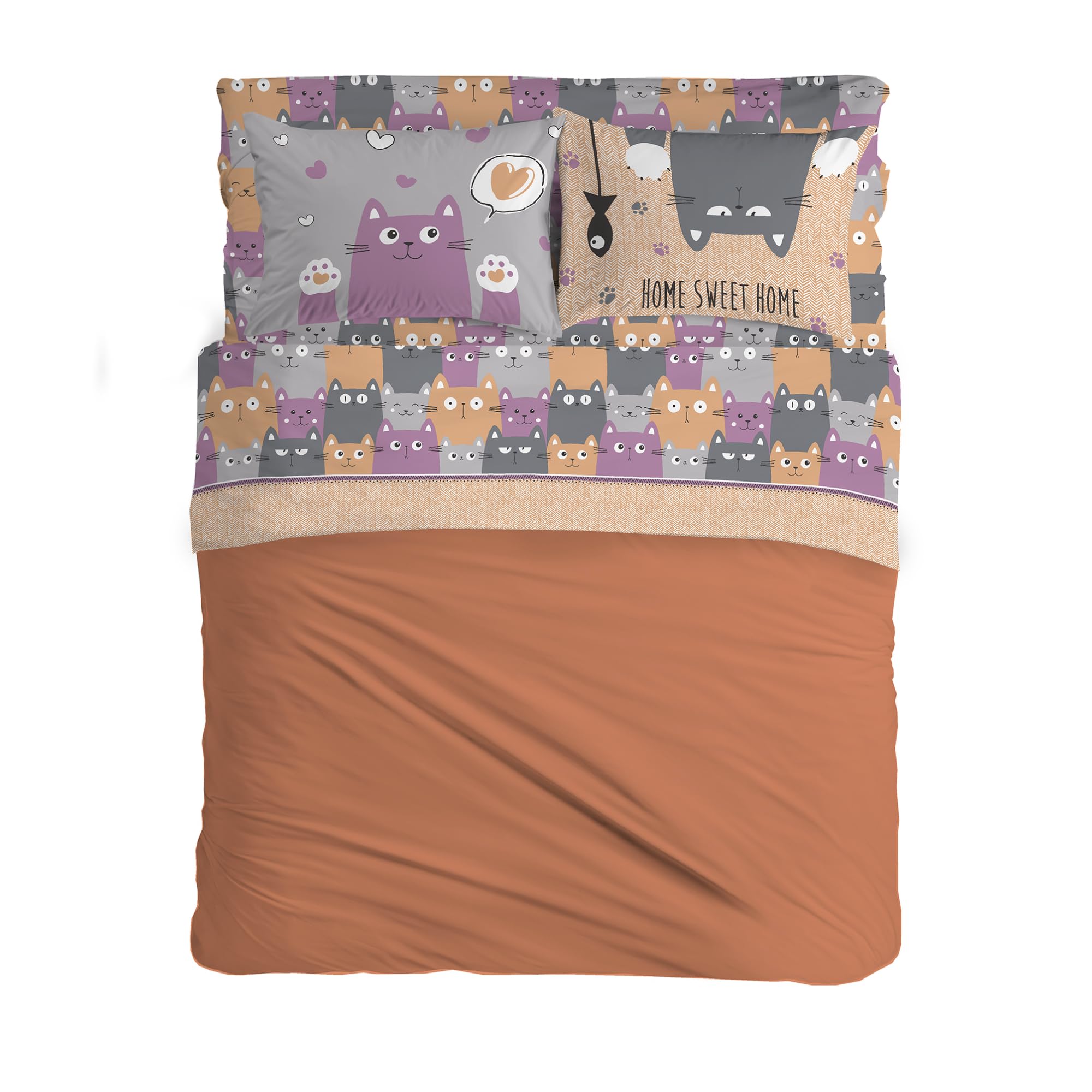 PENSIERI DELICATI Double Bed Set 100% Cotton, Complete Double Bed Sheet Set, 180 x 200 cm, Including Bottom Sheet, Top Sheet and 2 Pillowcases, Made in Italy, Happycat Orange Pattern