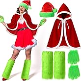 Cutecrop 6 Pcs Christmas Green Monster Santa Costume for Women Furry Xmas Velvet Hooded Cape Robe Costume Green Fuzzy Faux Hat Leg Warmer Hand Glove for Christmas Outfit Cosplay Accessories