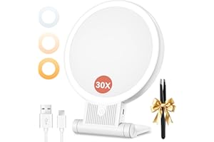 Auxmir 1X/30X Magnifying Mirror with Light, 2000mAh Rechargeable Travel Makeup Mirror with Magnification, Lighted Vanity Mirr