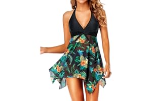 Holipick Women Two Piece Swim Dress Swimsuit Halter Bathing Suit Dress Mesh Tankini Top with Tummy Control Shorts