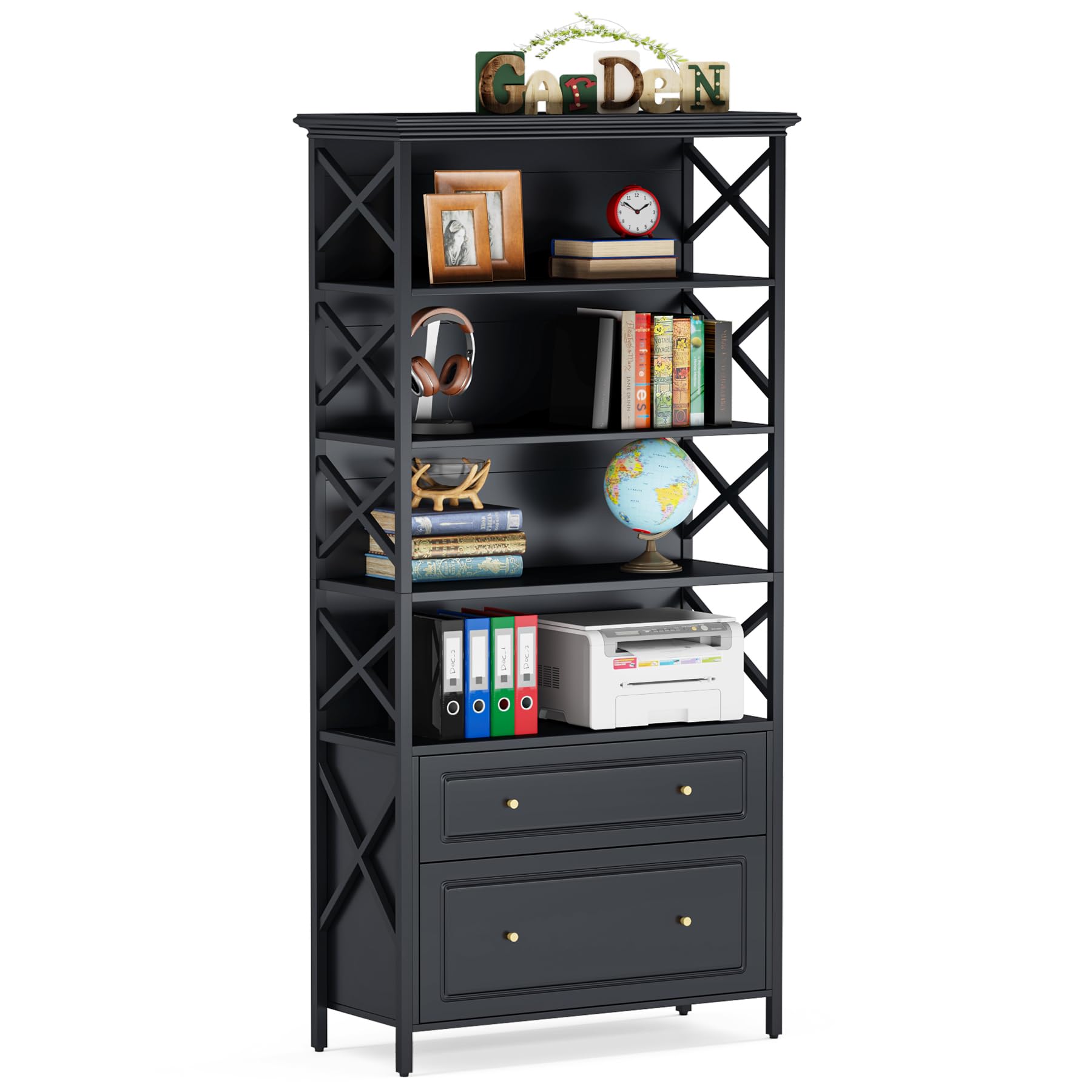 View 1 of LITTLE TREE Bookcases with 2 Drawers Tall Narrow Bookshelf Retro 5 Tier Bookshelves Heavy Duty Display Book Shelf Organizer with Open Storage Shelves for Living Room, Bedroom, Office Black