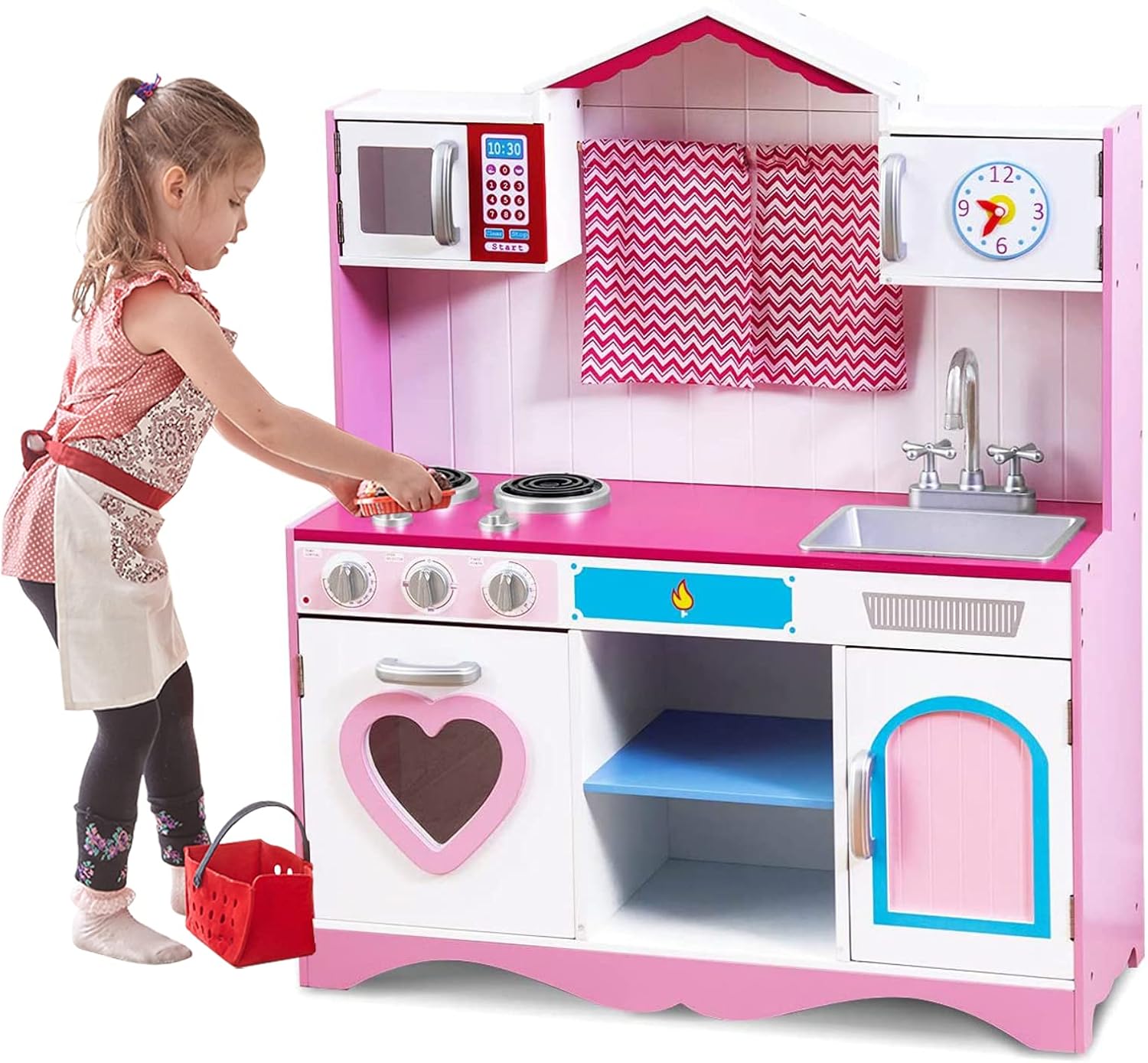 HONEY JOY Wooden Kitchen Sets for Kids, Pretend Play Cooking Toy Playset with Sink, Stovetop, Fridge, Oven, Microwave, Large Chef Pretend Cooking Food Set for Toddles Age 3-8(Pink)