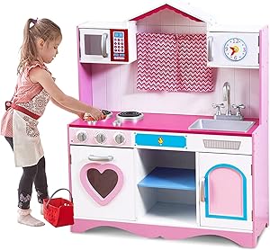 HONEY JOY Wooden Kitchen Sets for Kids, Pretend Play Cooking Toy Playset with Sink, Stovetop, Fridge, Oven, Microwave, Large Chef Pretend Cooking Food Set for Toddles Age 3-8(Pink)
