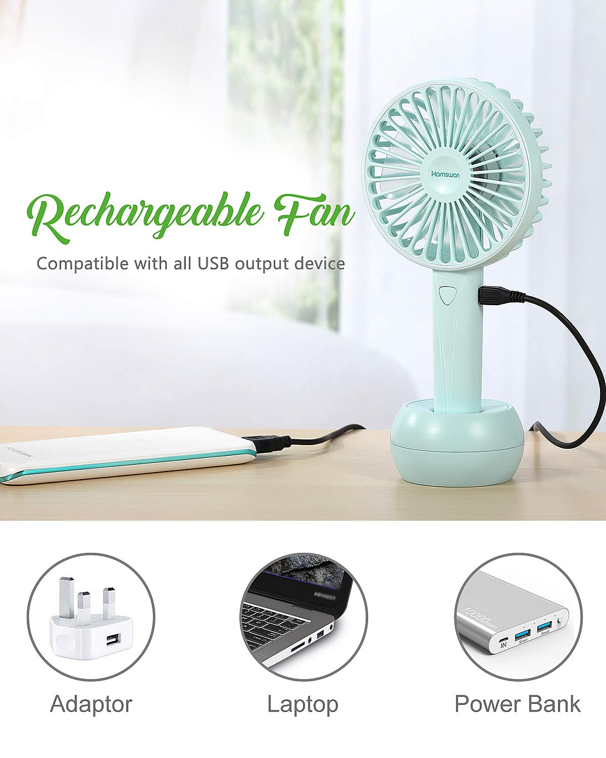 HAMSWAN AG20 Mini USB Desk Handheld Fan Rechargeable Fish Tail Portable Fan (White)