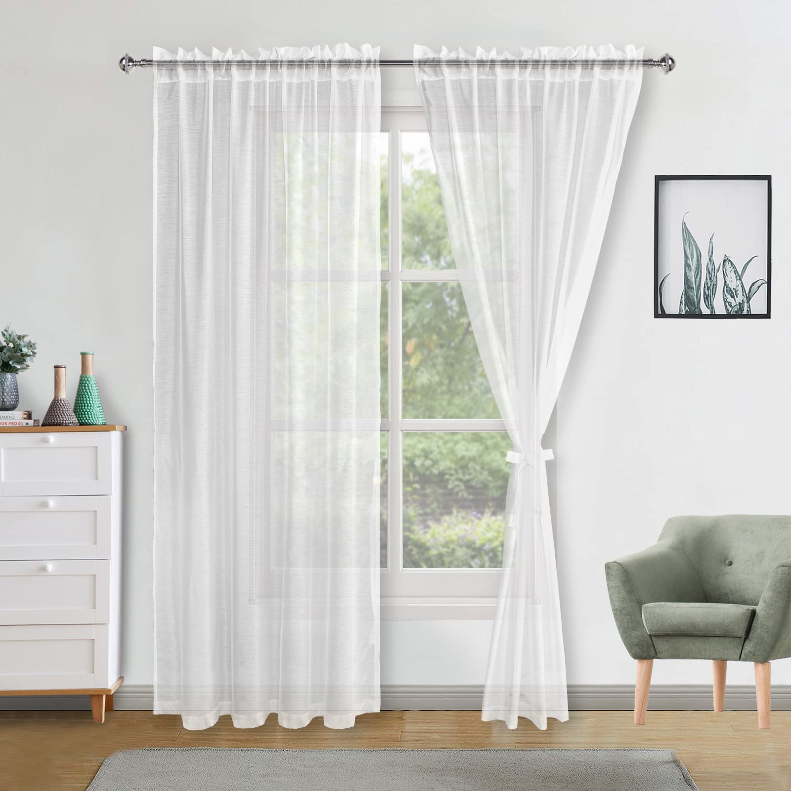DWCN White Net Curtains for Windows 96 Drop Pair with Tiebacks Semi Transparent Soft Sheer Curtains Rod Pocket Long Voile Curtain for Living Room Bedroom and Kitchen,52" W x 96" Drop,2 Panels