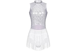 iiniim Women's Shiny Sequins Tassel Latin Jazz Dance Leotard Bodysuit Crisscross Back Lyrical Dance Costume