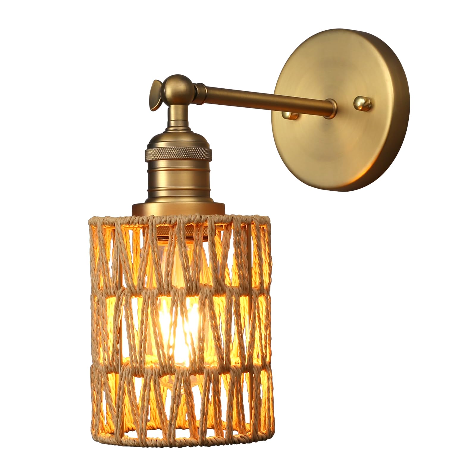 Photo 1 of *MISSING CAP NUT* Yosoan Rattan Boho Wrapped Wall Sconce Light, Indoor Hardwired Hand-Woven Farmhouse Vintage Wall Lamps, Brass Handmade Braided Rope Small Straight Shade Wall Mount Fixture for Reading Hallway(Antique)
