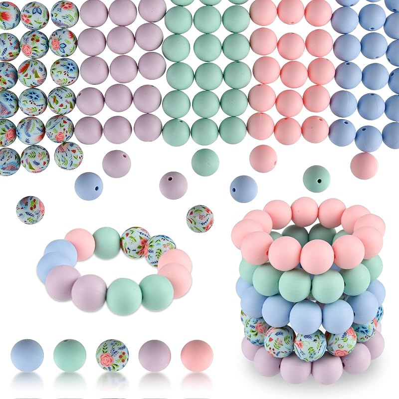 ASTARON 100 Pcs Silicone Beads 1.5 cm for Jewelry Keychains 5 Colors