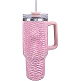 Cupcupmore 40 oz Pink Bling Rhinestone Stainless Steel Sippy Tumbler Glitter Vacuum Insulated Water Bottle with Straw & Lid &Handle,Sparkle Car Cup Holder,Keeps Cold 12 Hours Drinks,Coffee