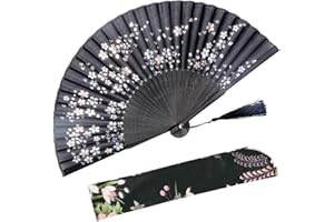 OMyTea Folding Hand Held Fan for Women Chinese/Japanese Vintage Retro Style - with a Fabric Sleeve for Protection (Little Sakura)