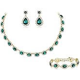 Crysdue Wedding Jewelry Set for Women Brides Oval Rhinestone Crystal Collar Necklace Link Bracelet Teardrop Pierced Dangle Earrings for Prom Party