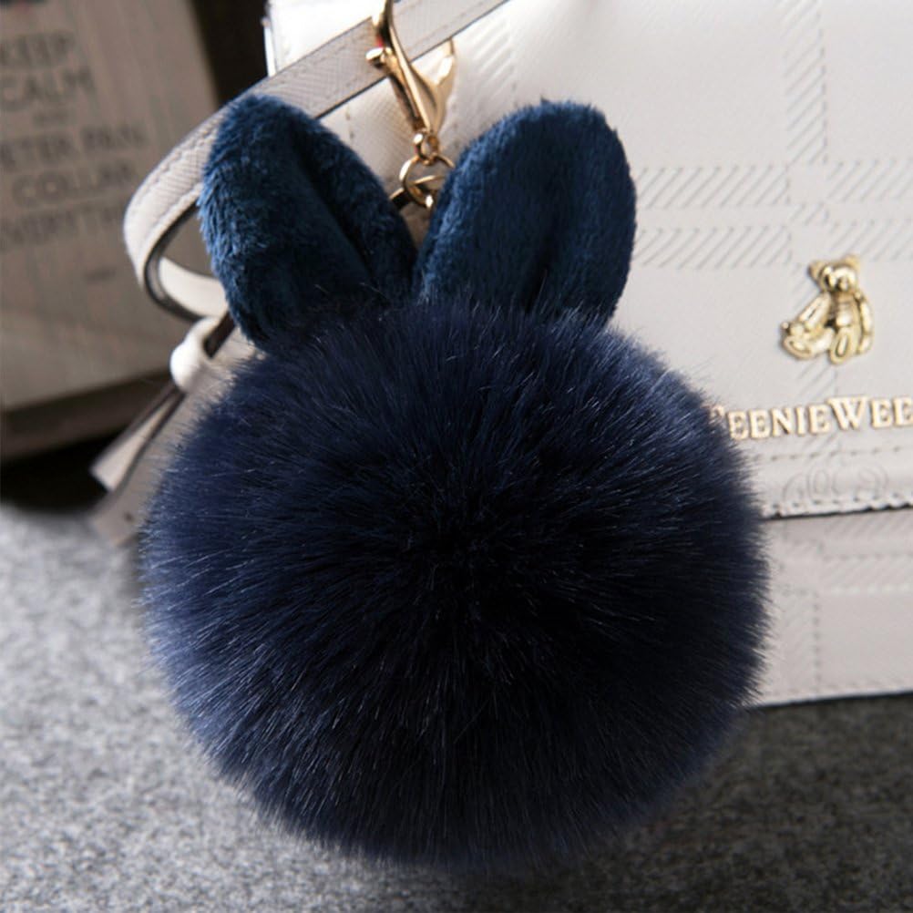 TOYMYTOY Cute Pom Pom Fur Ball Keychain Rabbit Ear Keyring Bag Charm Decoration (Navy Blue), 10-12cm - Image 4